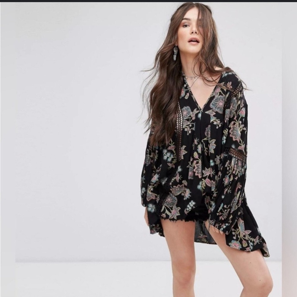 Free People Just the Two of Us Black and Green Floral Boho Dress